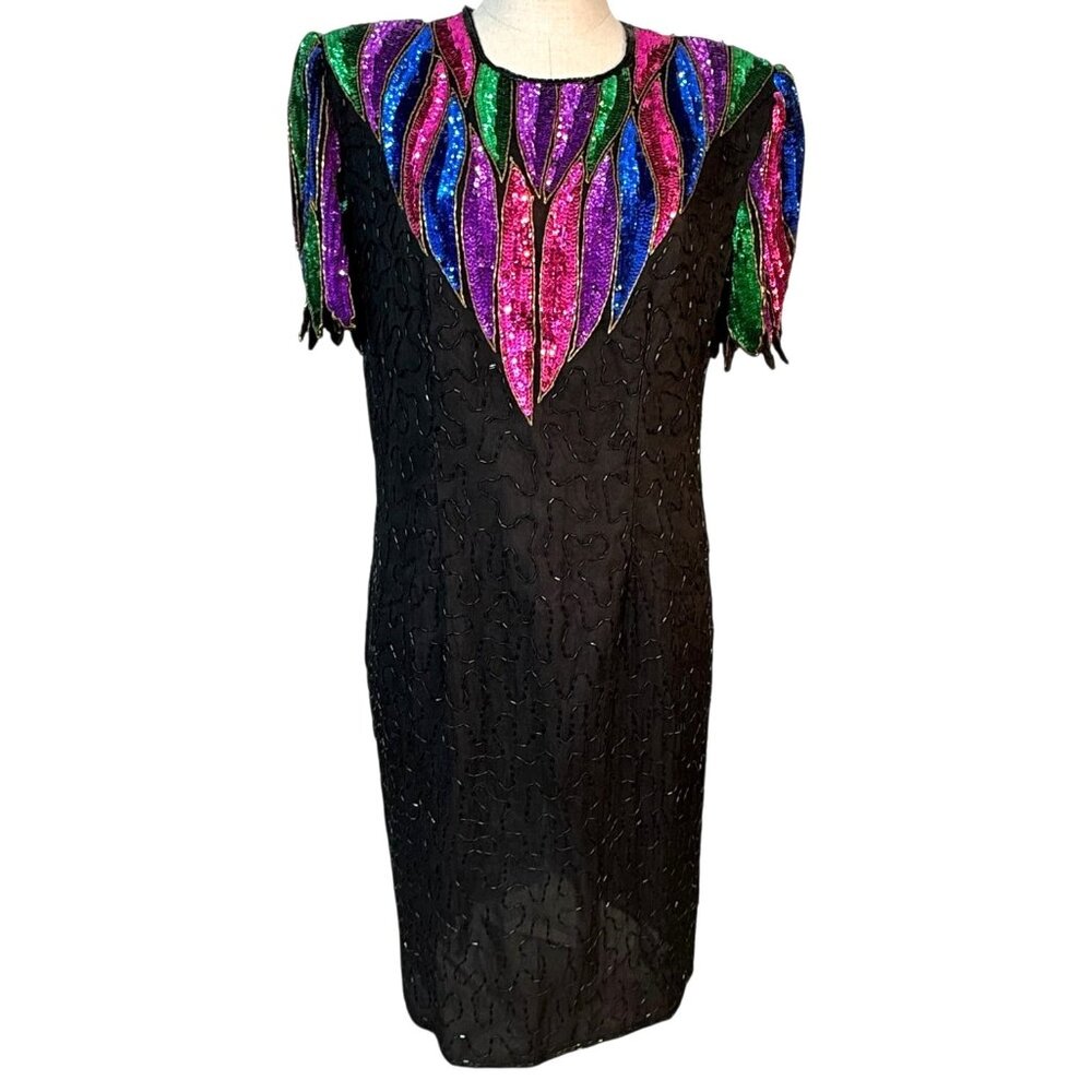 VTG Women’s Stenay Evening Dress Black With Sequins Beads Size Large Formal New - Picture 7 of 10